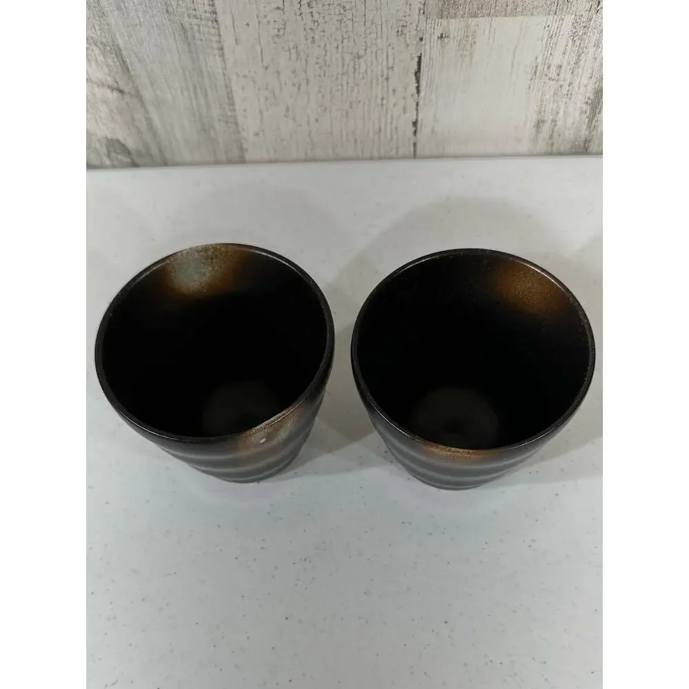 Japanese Ceramic Tea Cups Yunomi Set Two Pair Coffee Brown Beige‎ Mug Vintage